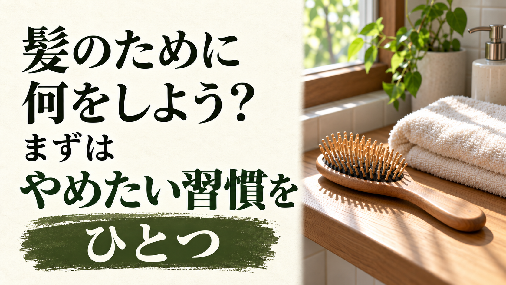 ヘアケアに迷った時は、やめたい習慣をひとつ見つける。タオルとブラシを添えたイメージ画像